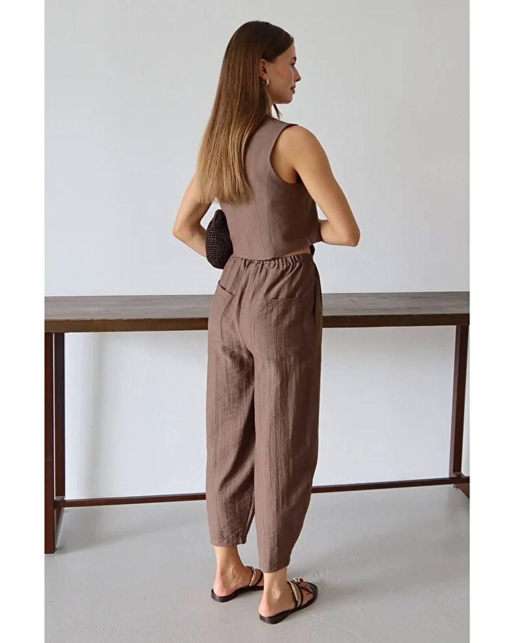 WOVCOR Brown V Neck Sleeveless Vest & Wide Leg Trousers Co-Ord Set