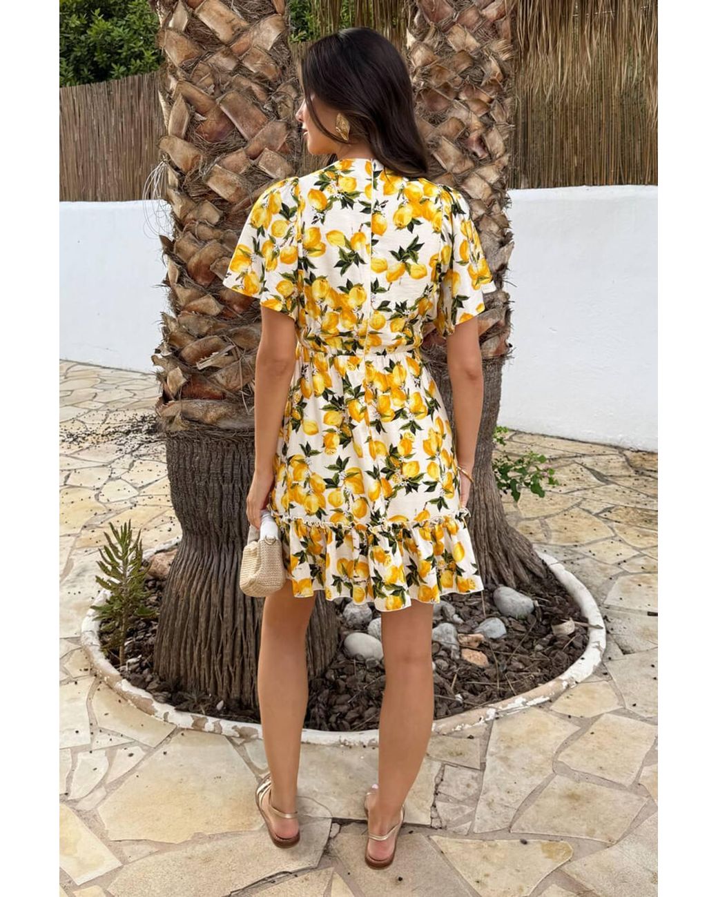 AX Paris Natural Lemon Print V Neck Frill Hem Mini Dress