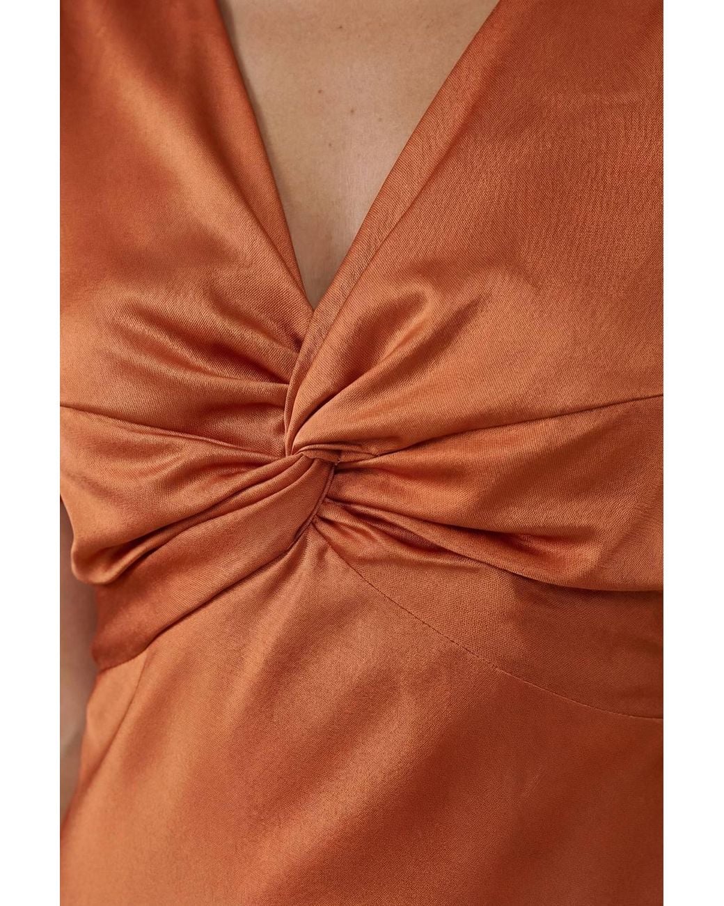 Oasis Brown Satin Twist Front Angel Sleeve Midi Bridesmaid Dress