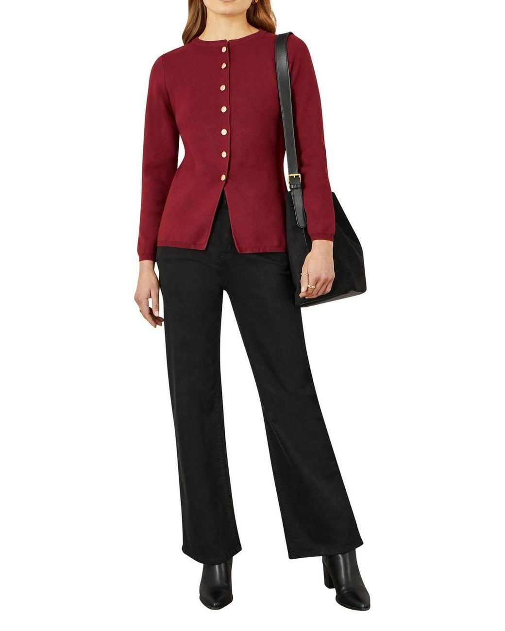 Yumi' Red Knitted Fitted Button Down Peplum Cardigan