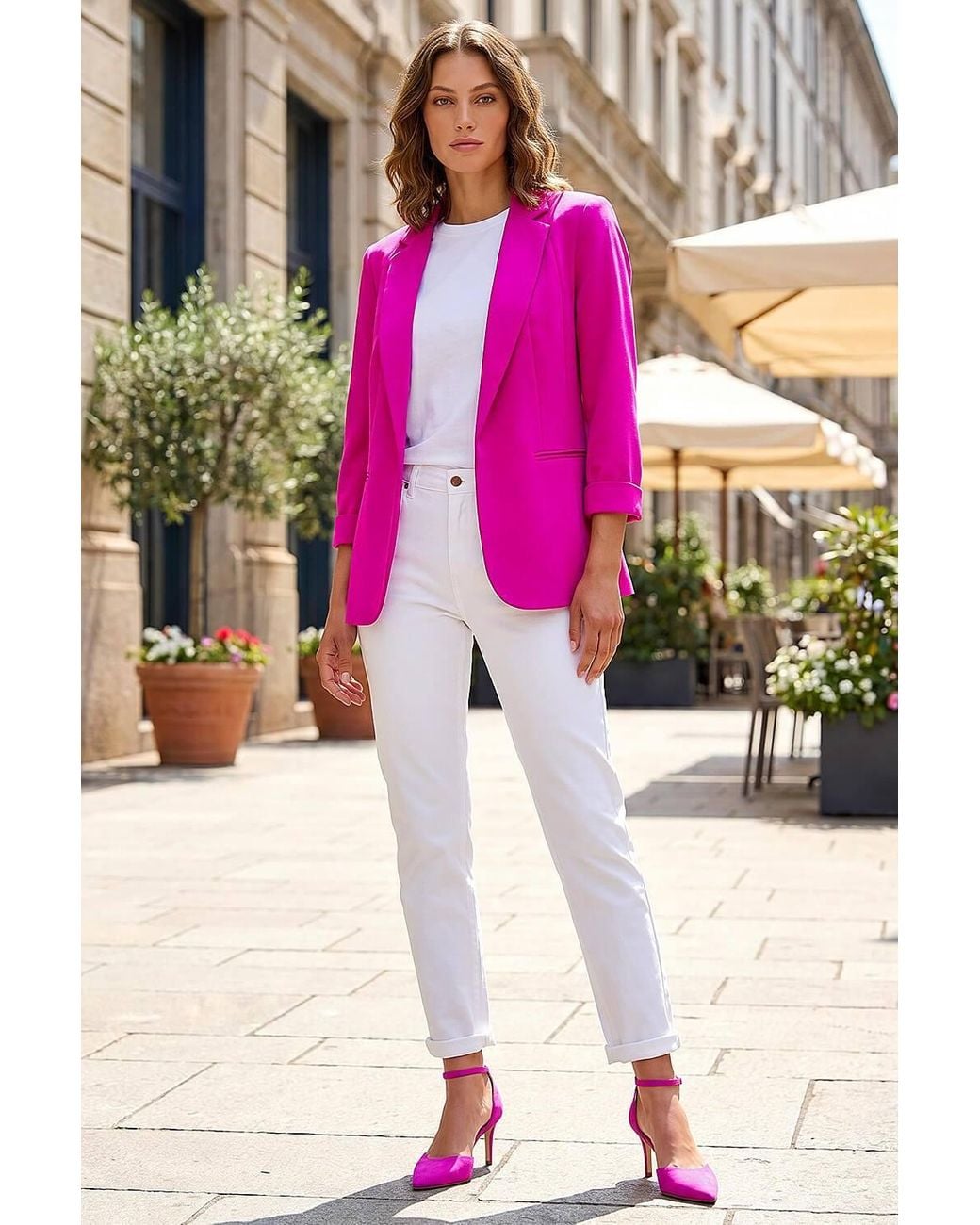 Roman Pink Petite 3/4 Sleeve Classic Stretch Blazer
