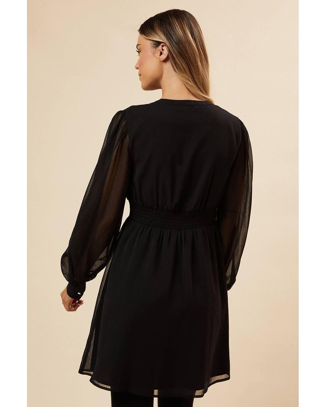 Dorothy Perkins Black Chiffon Long Sleeve Shirred Waist Mini Dress
