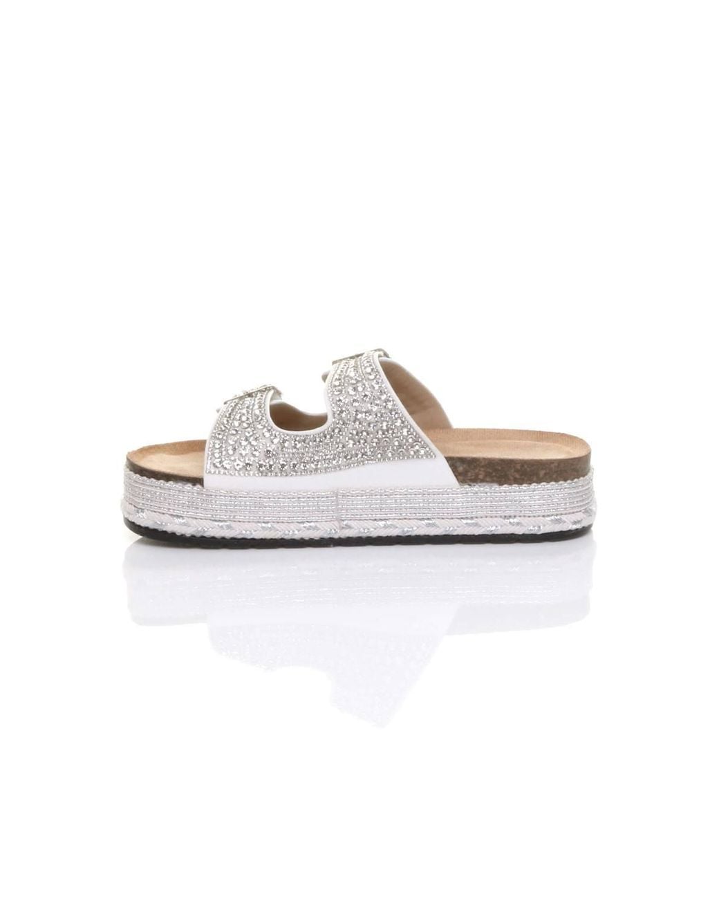 AJVANI White Platform Chunky Sole Diamante Buckle Footbed Sandals