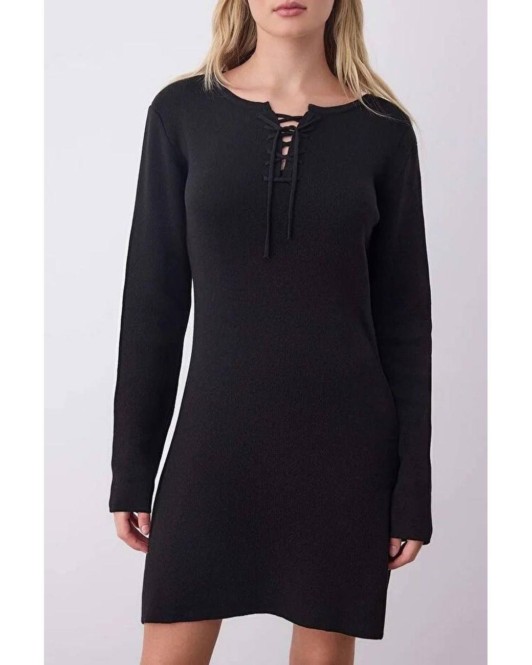 WOVCOR Blue A-Line Mini Knit Dress W/ Tie Front Detail