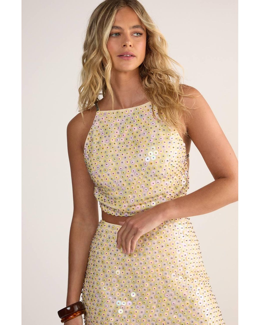 Nasty Gal Natural Studded Sequin Beaded Mini Skirt
