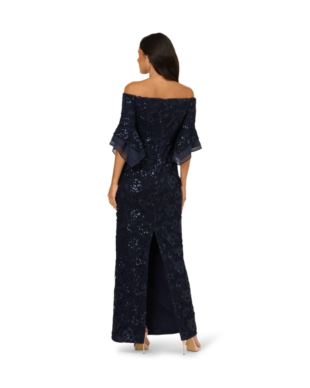 Adrianna Papell Blue Sequin Lace Combo Column Gown Dress