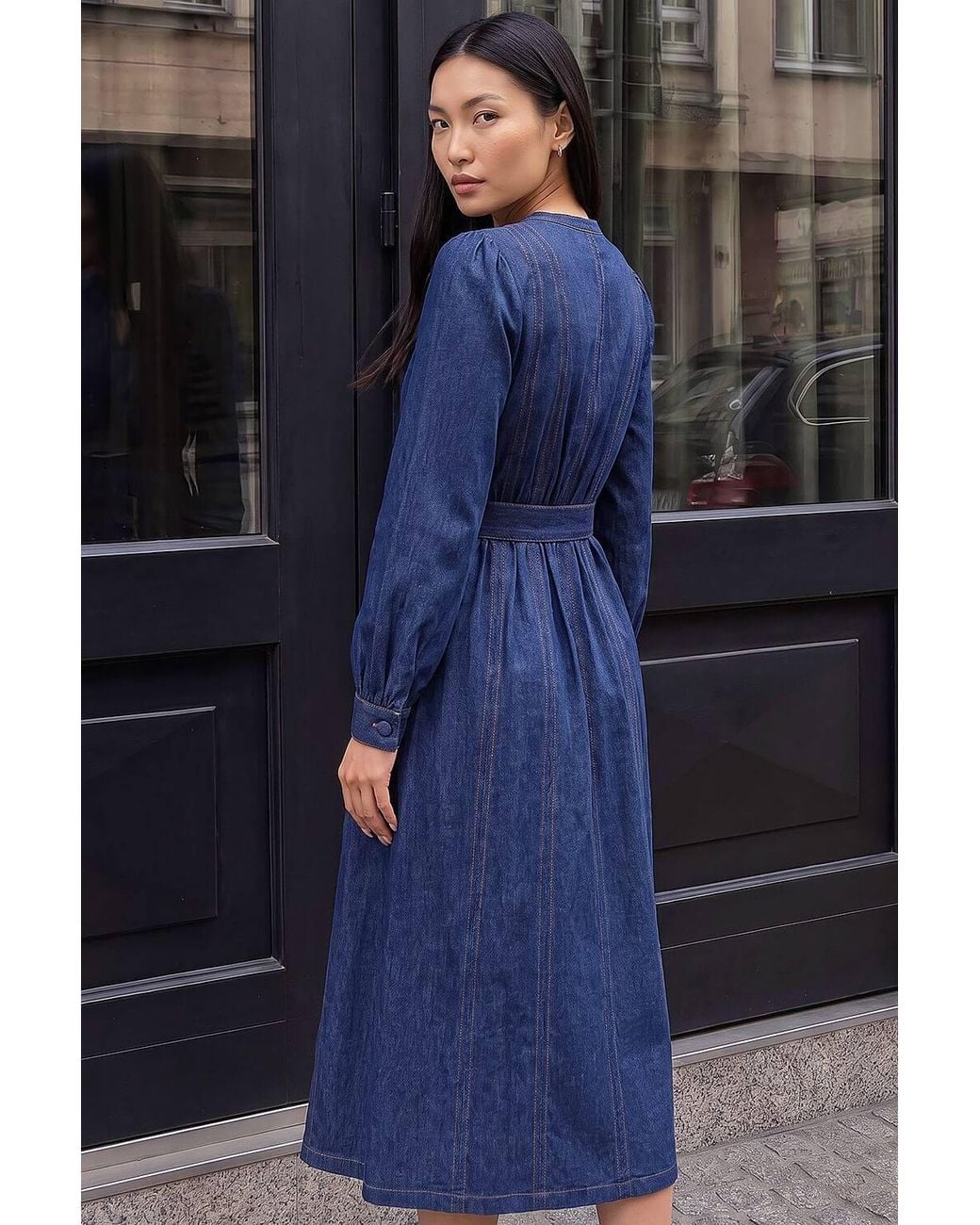 Roman Blue Panelled Tie Waist Midi Dress