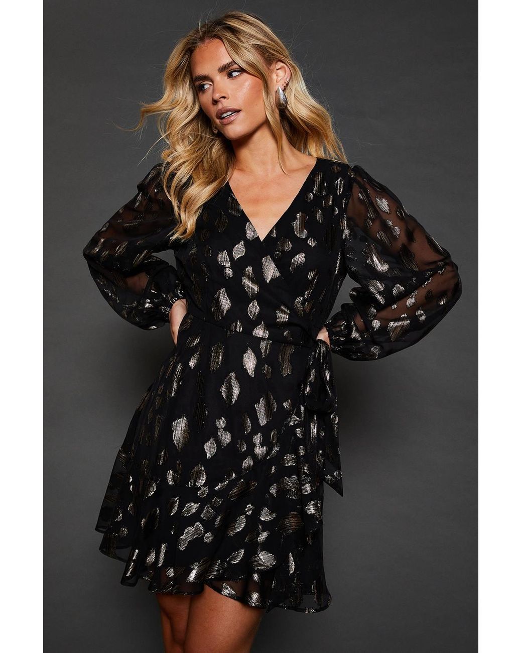Dorothy Perkins Black Petite Jacquard Ruffle Long Sleeve Mini Dress