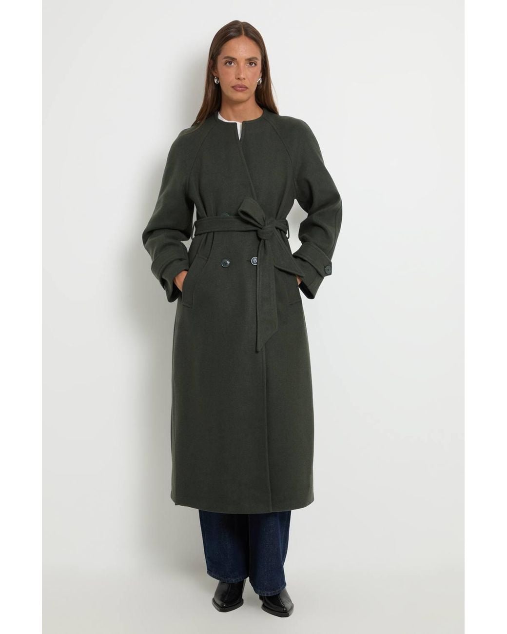 Wallis Blue Grown On Funnel Neck Double Breasted Belted Coat