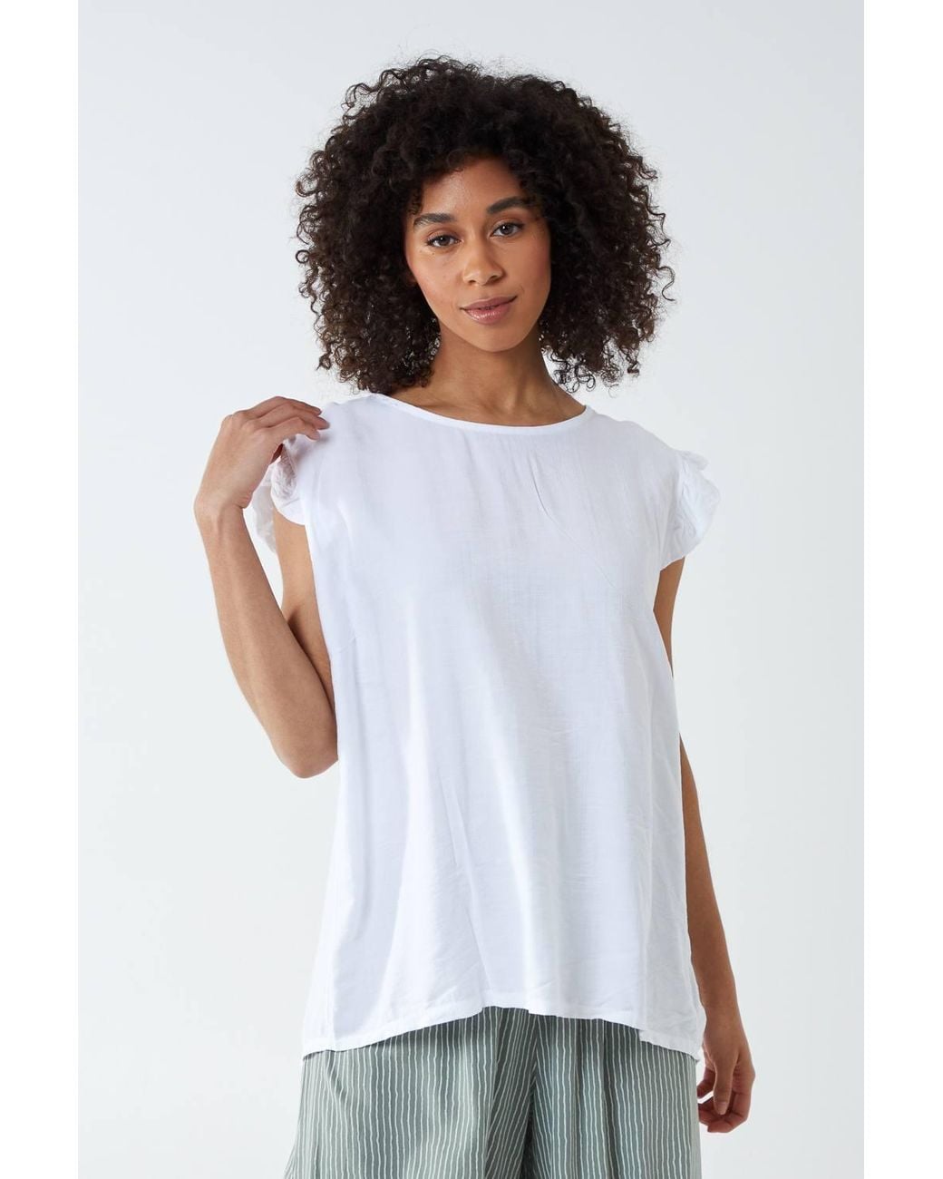 Blue Vanilla White Button Back Frill Shoulder Top