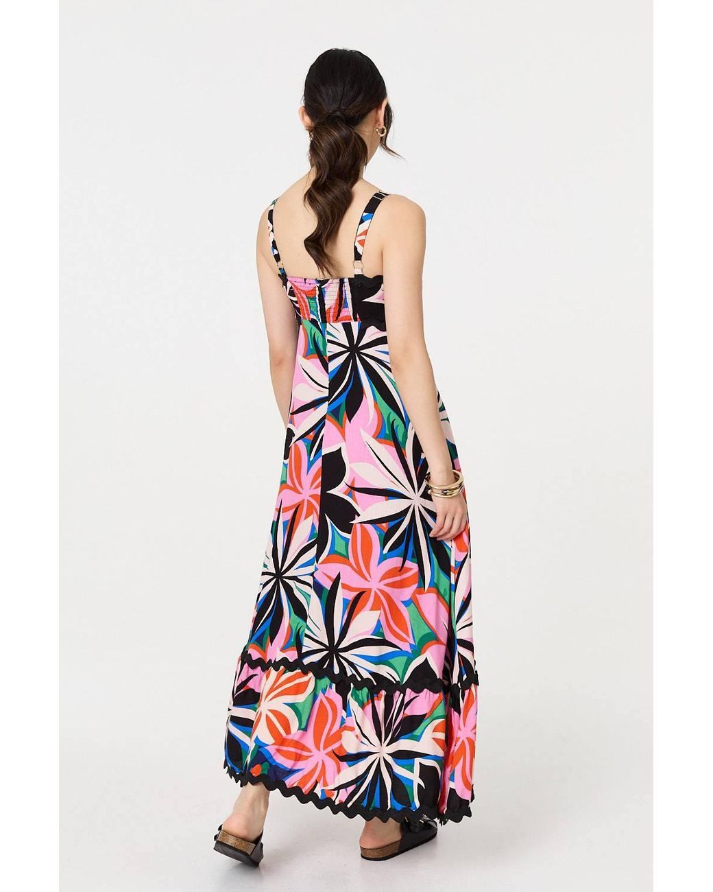 Izabel London Pink Floral Wave Trim Sleeveless Maxi Dress