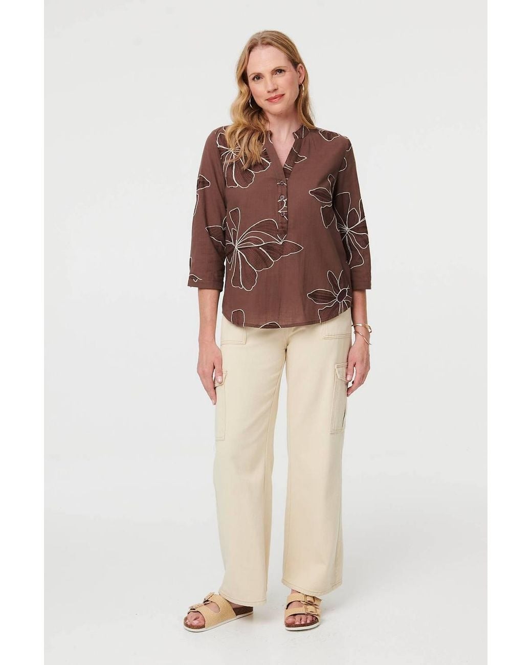 Izabel London Brown Embroidered Floral 3/4 Sleeve Blouse