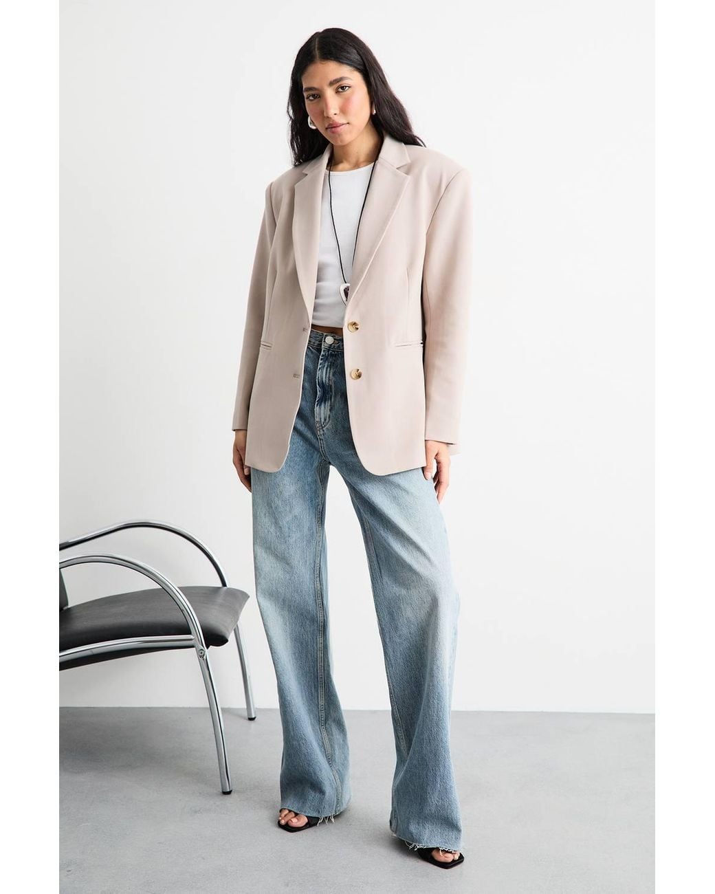 Warehouse Natural Oversized Single Breasted Blazer