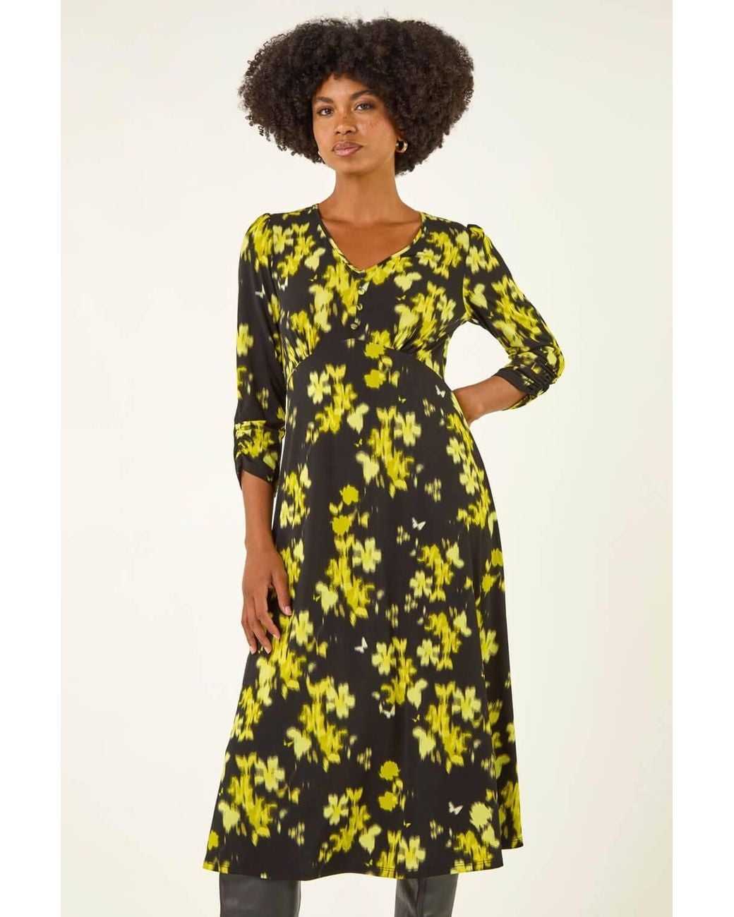 Roman Multicolor Floral Print Button Midi Dress