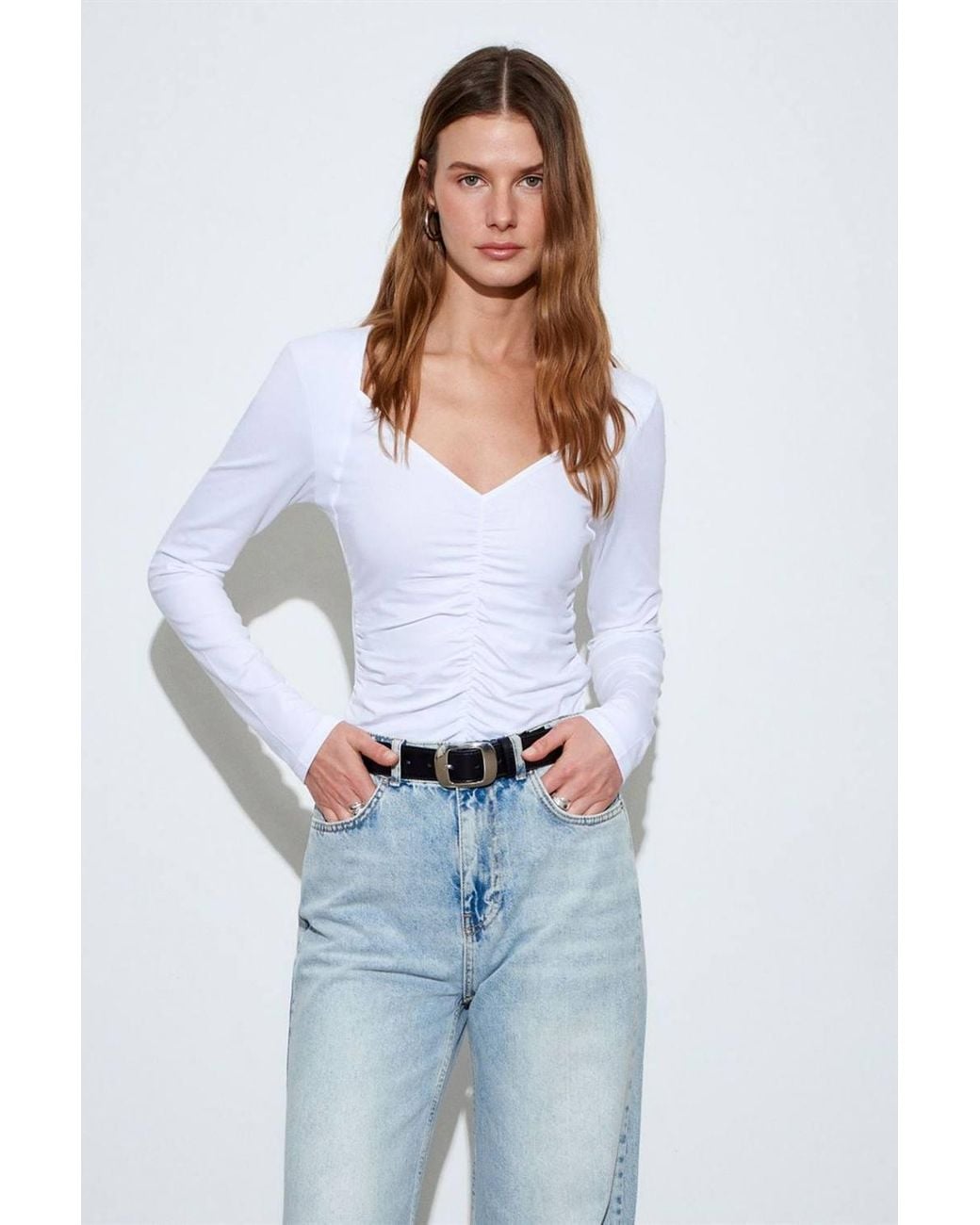 Dilvin White Slim Fit V-Neck Jersey Blouse