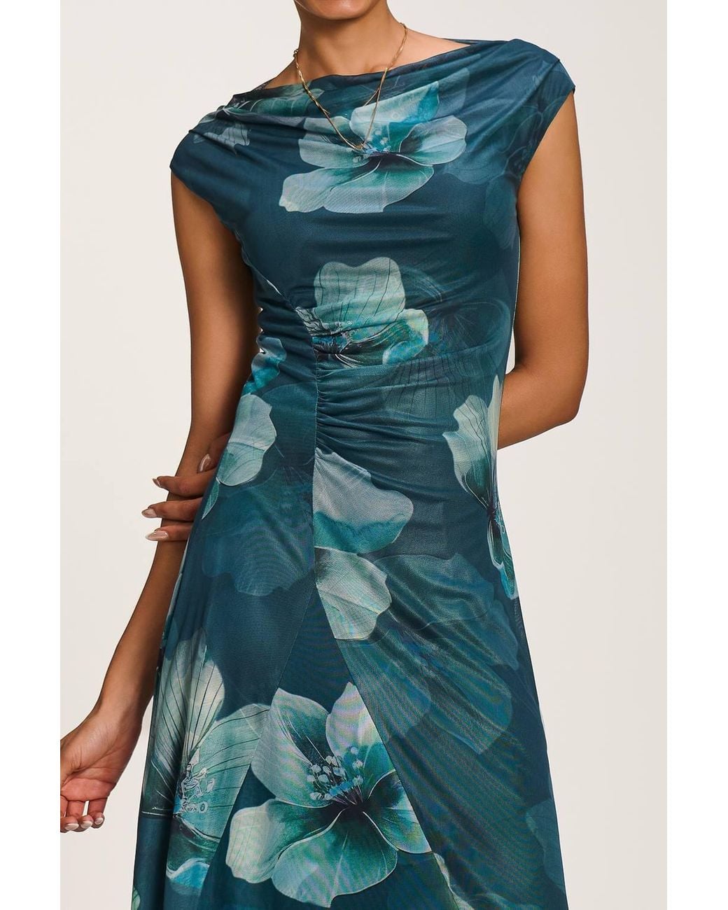 Jolie Moi Blue Asymmetric Draped Mesh Maxi Dress