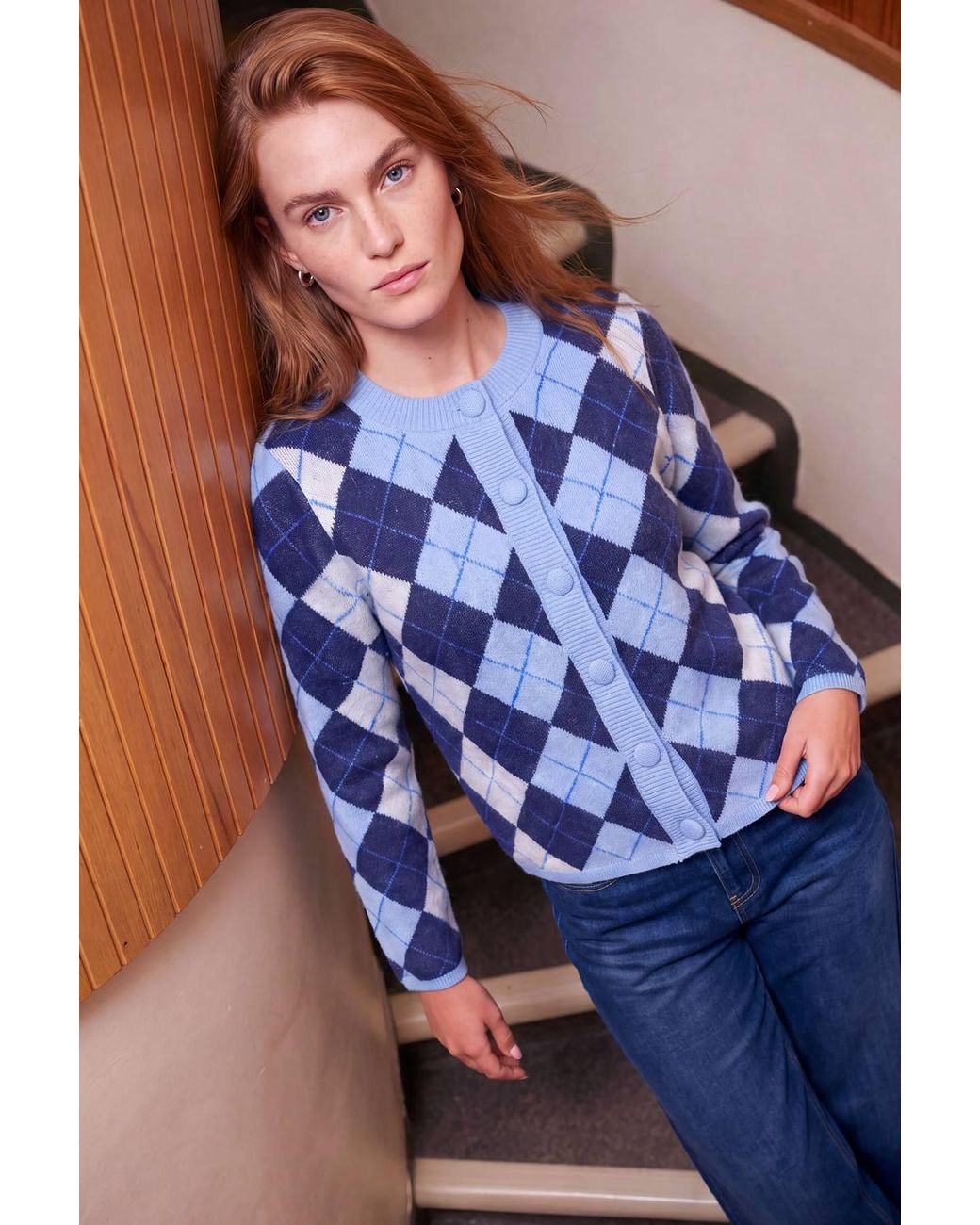 Roman Blue Argyle Buttoned Knit Cardigan