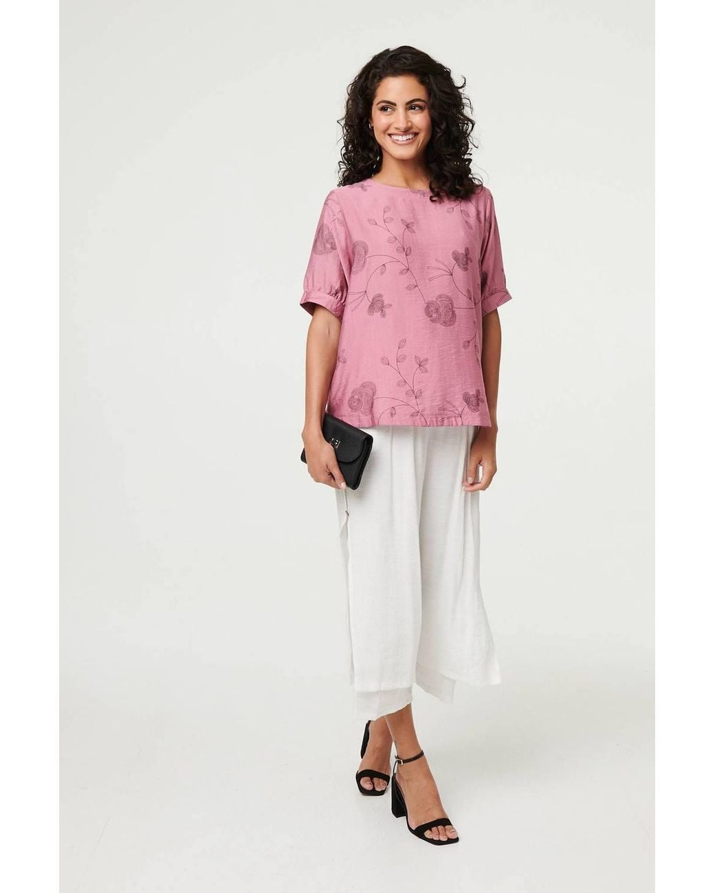 Izabel London Pink Floral Short Puff Sleeve Blouse Top