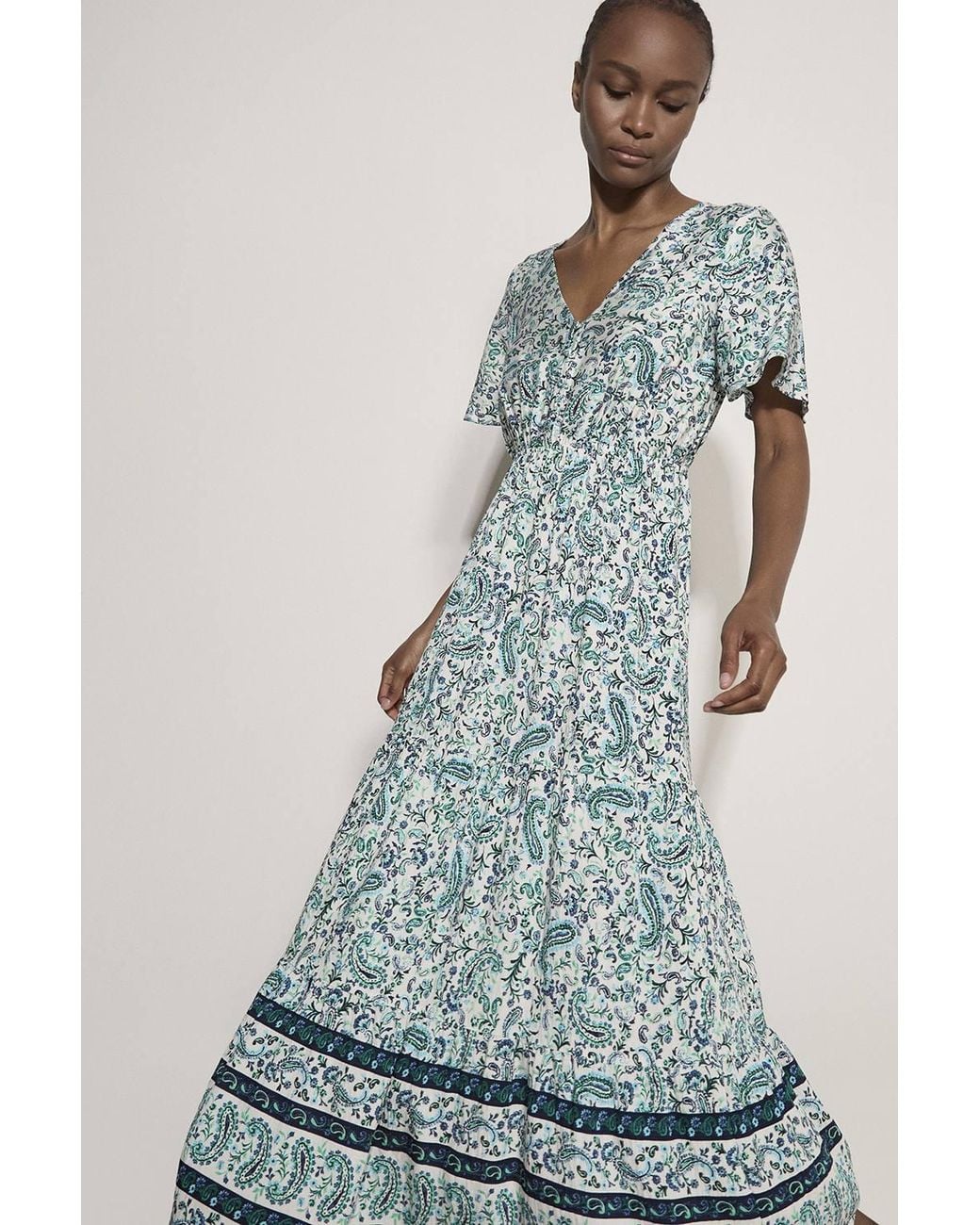 Apricot White Paisley Print Tiered Maxi Dress