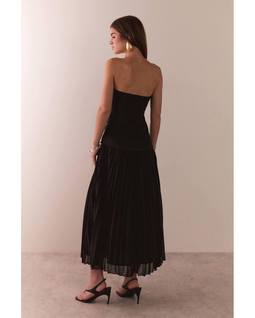 Warehouse Black Bandeau Bodice Pleated Chiffon Midi Dress