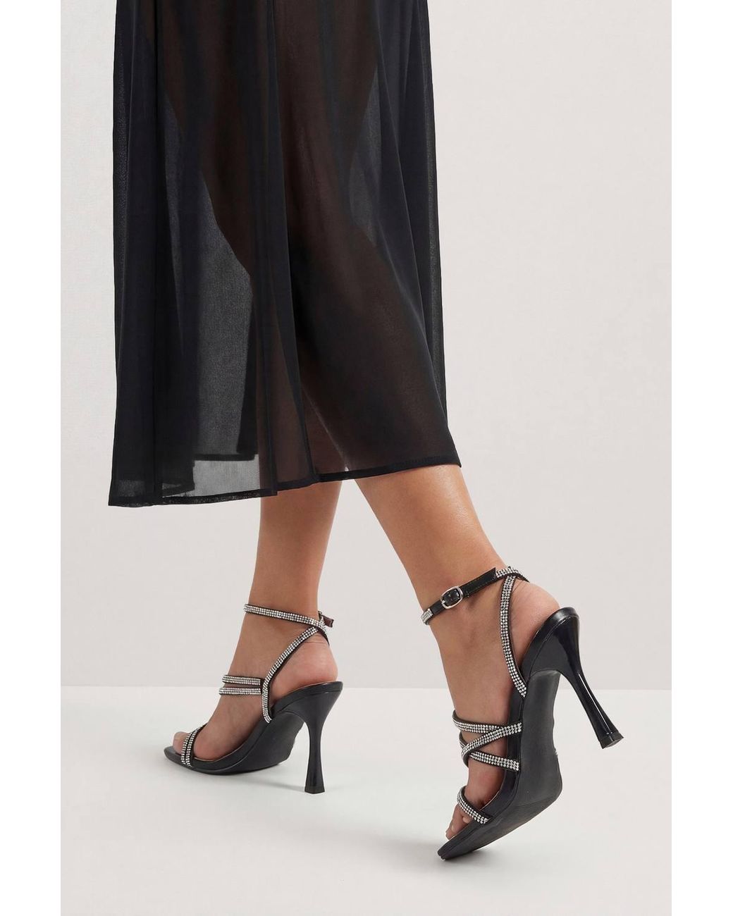 MissPap Black Diamante Faux Leather High Heeled Sandals