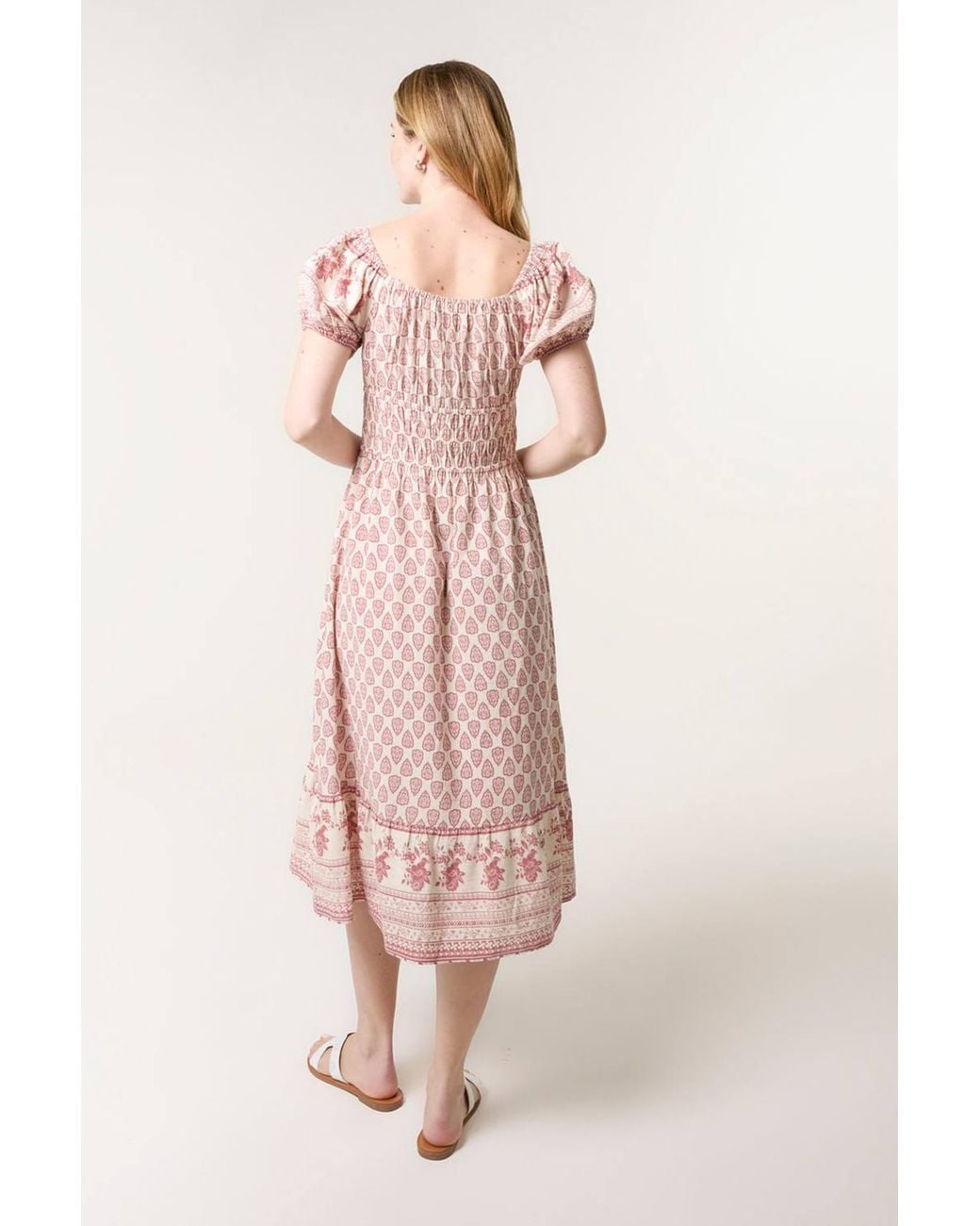 Blue Vanilla Pink Shirred Waist Short Sleeve Bardot Midi Dress