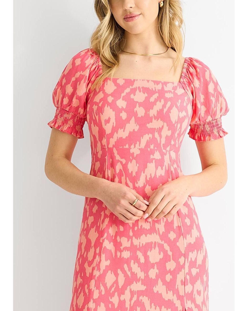 Gini London Pink Animal Print Square Neck Viscose Midi Dress