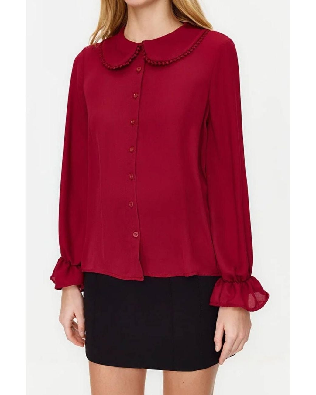 WOVCOR Red Woven Shirt W/ Baby-Collar & Balloon Sleeves