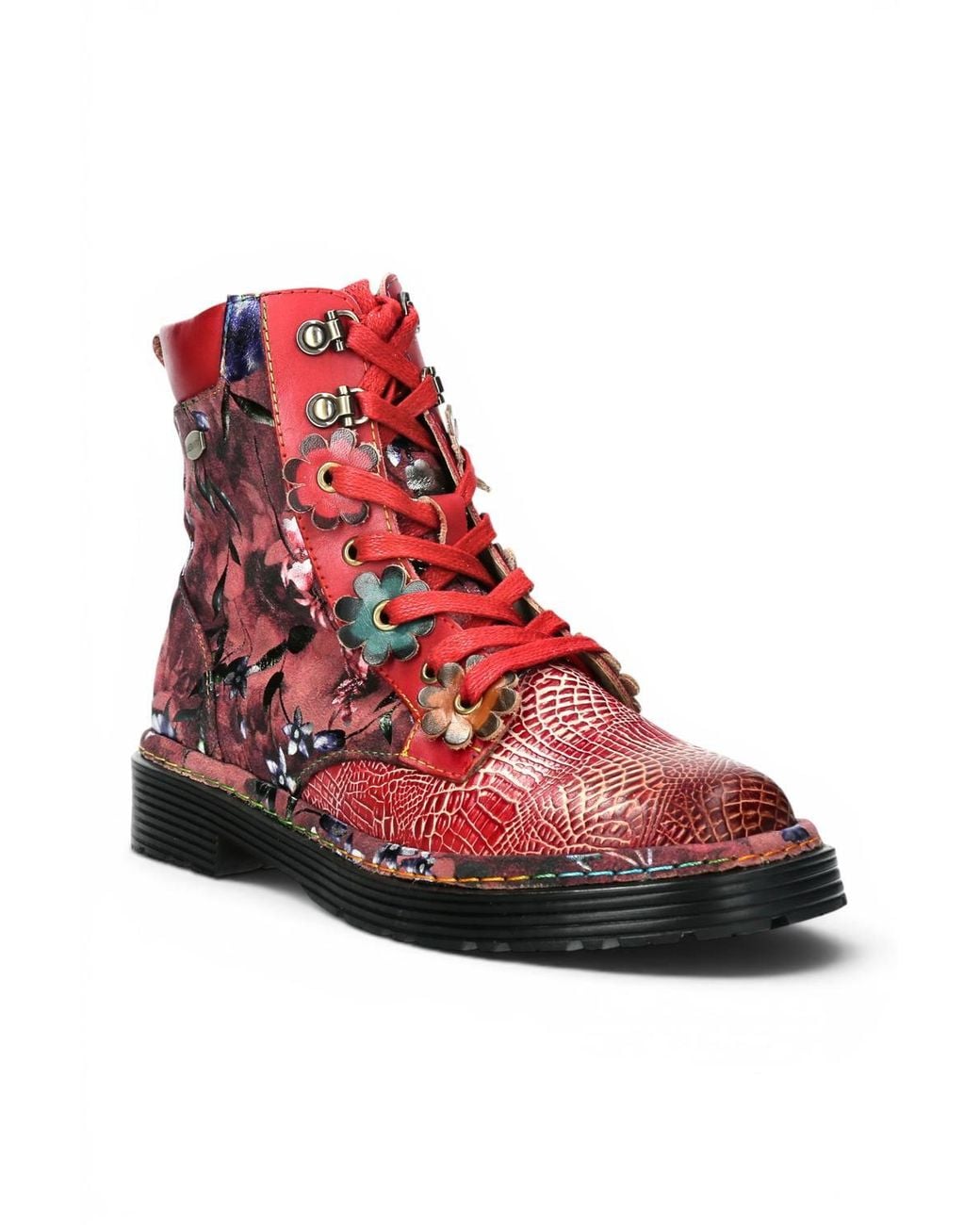 Infinity Leather Red Gothic Victorian Floral Leather Lace-Up Boots