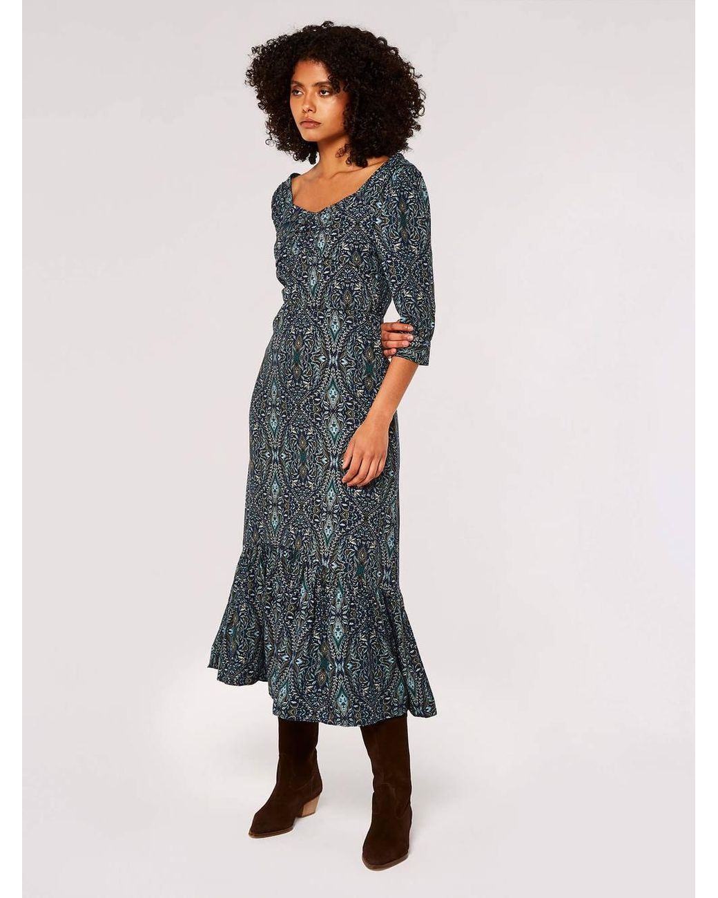 Apricot Blue Paisley Print Midi Dress