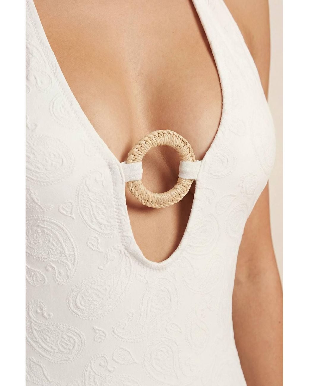 Nasty Gal Natural Paisley Textured Halter Neck Ring Trim Swimsuit