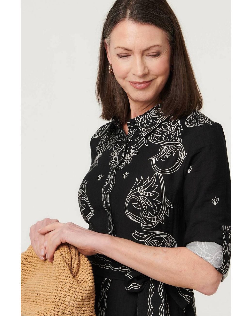 Izabel London Black Border Print Tie Waist Midi Shirt Dress