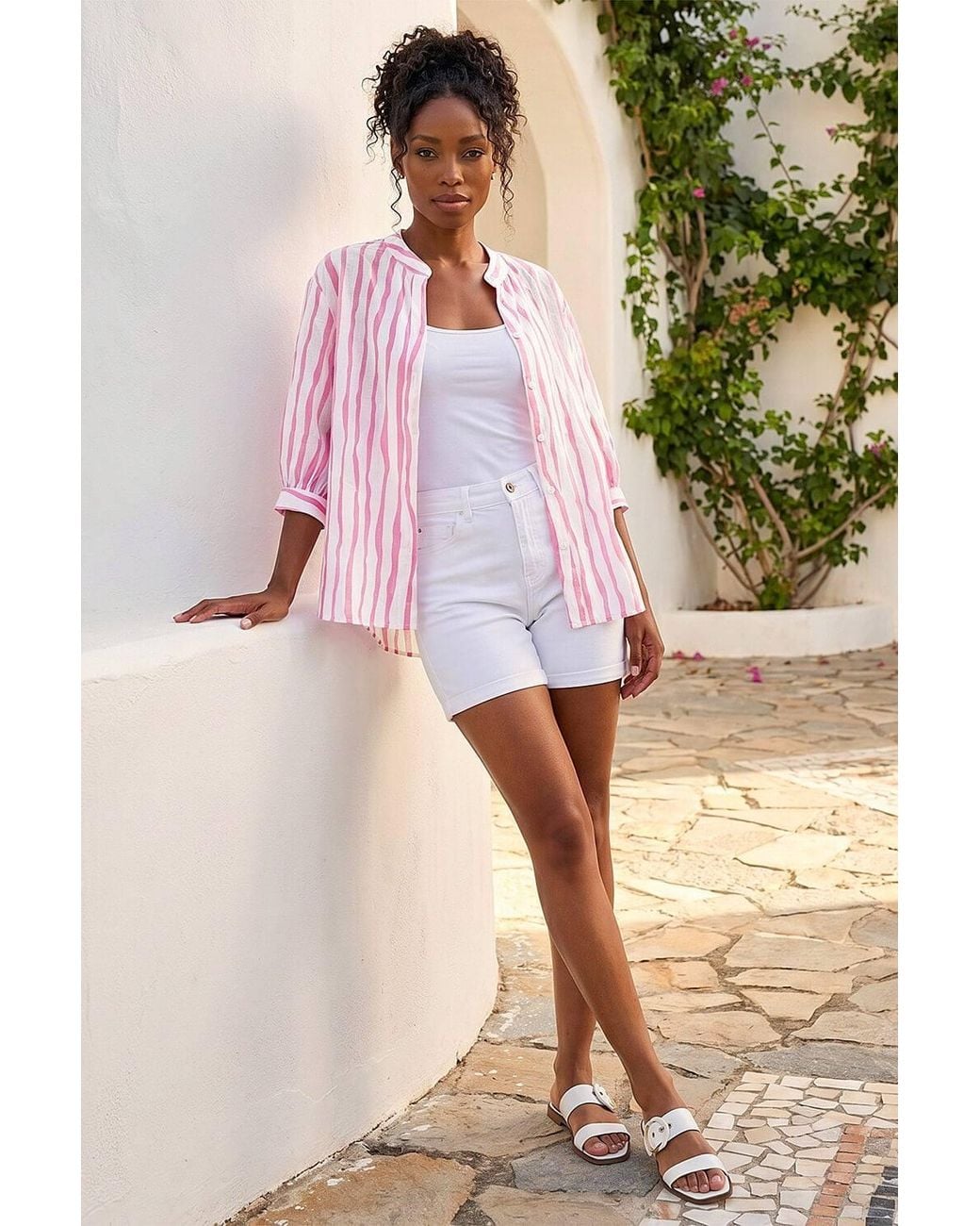 Roman Pink Stripe Print V-Neck Blouse