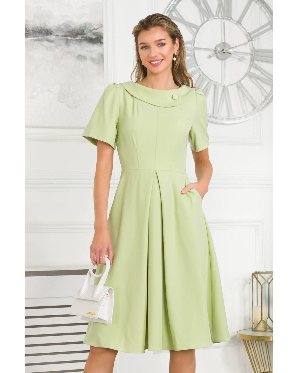 Jolie Moi Green Debora Button Neck Dress