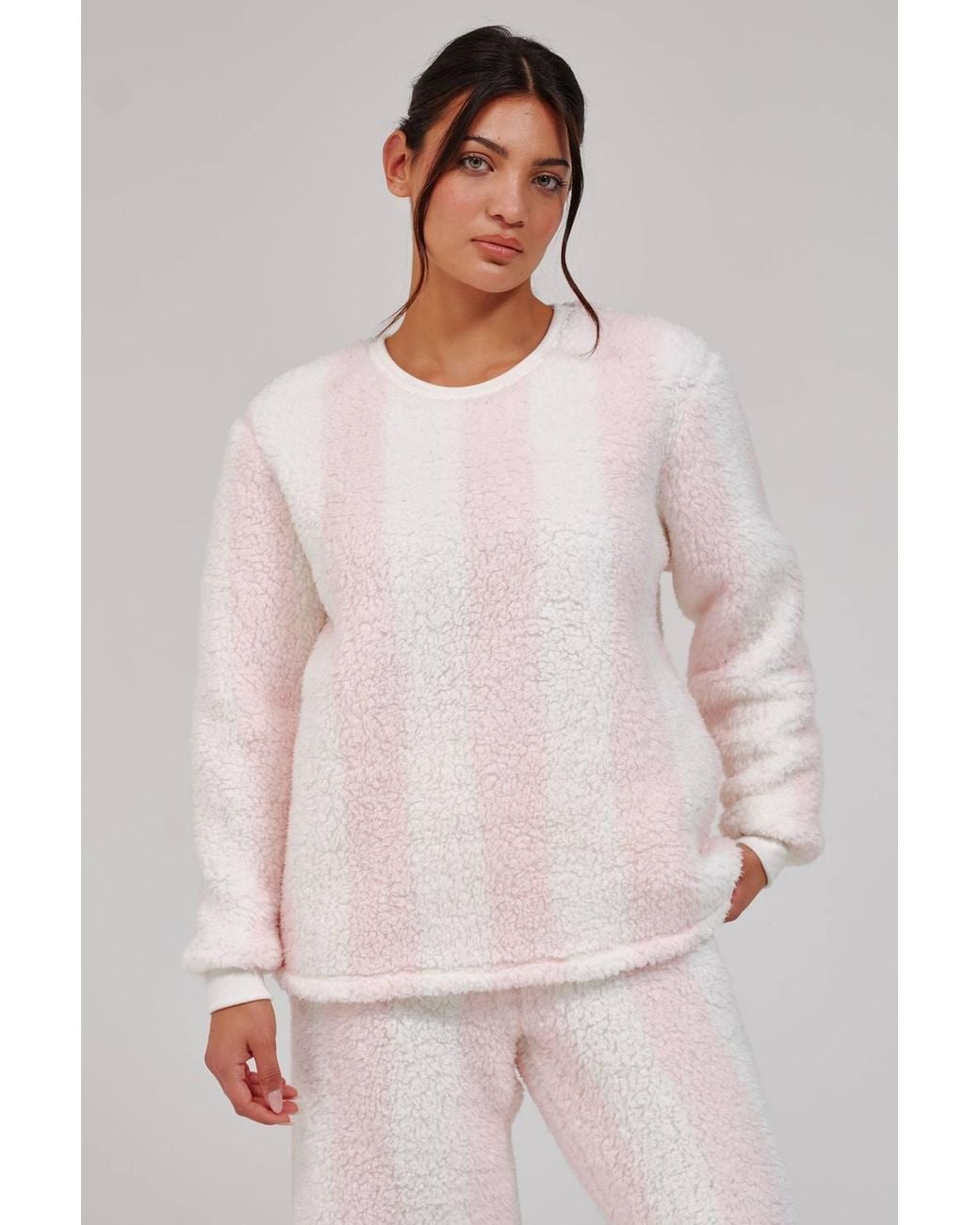Loungeable Pink Stripe Cosy Borg Fleece Jumper & Wide Leg Lounge Set