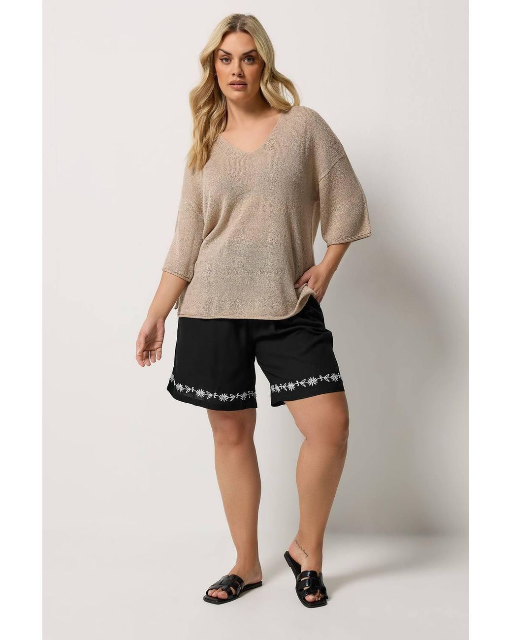 Yours Black Floral Embroidered Hem Shorts
