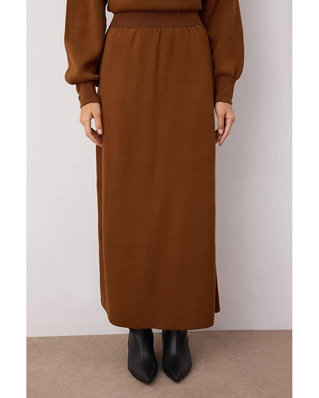 WOVCOR Brown 2-Piece Knit Longline Top & Midi Skirt Set