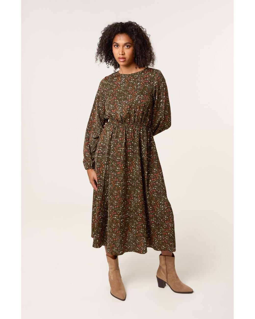 Blue Vanilla Natural Elasticated Waist Long Sleeve Round Neck Midi Dress