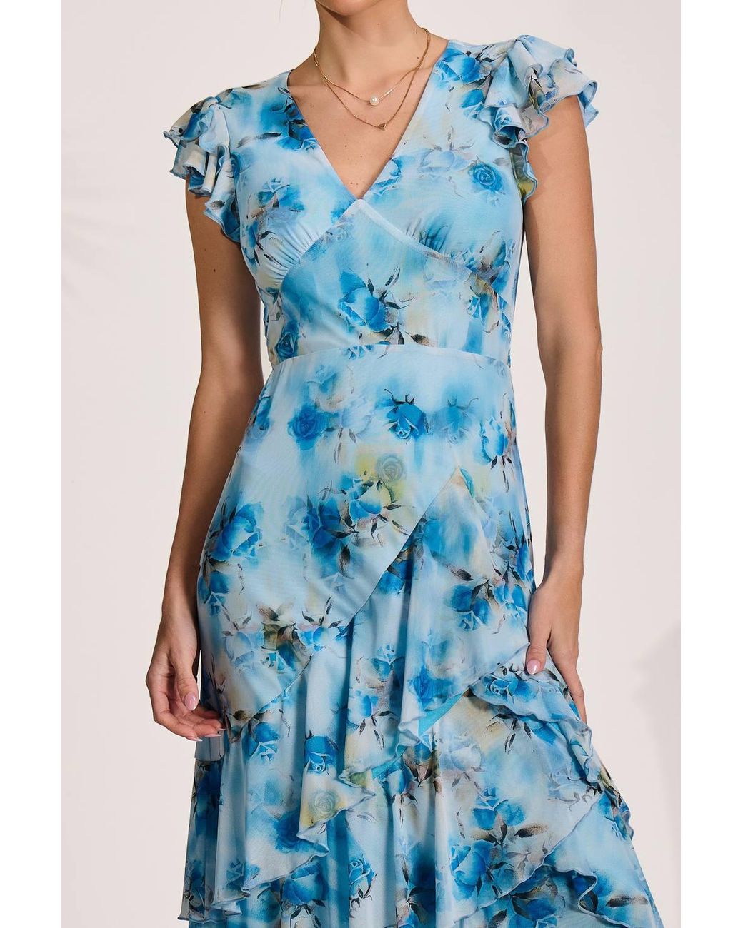 Jolie Moi Blue Mesh Ruffle Detail Maxi Dress