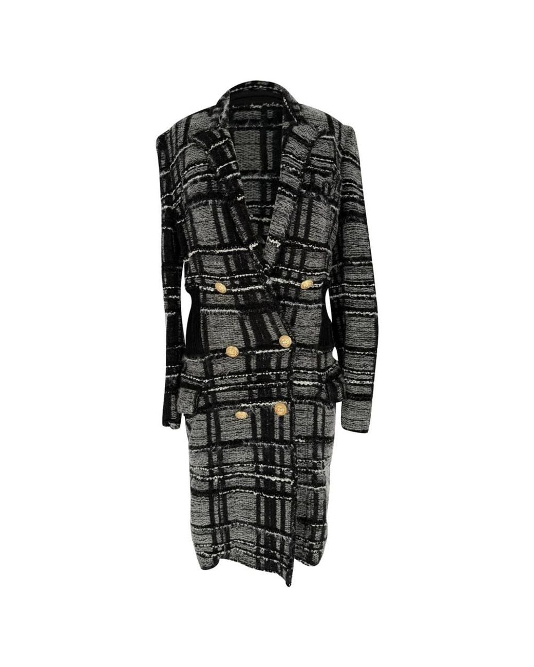 Balmain Black Preloved Plaid Double-Breasted Tweed Coat