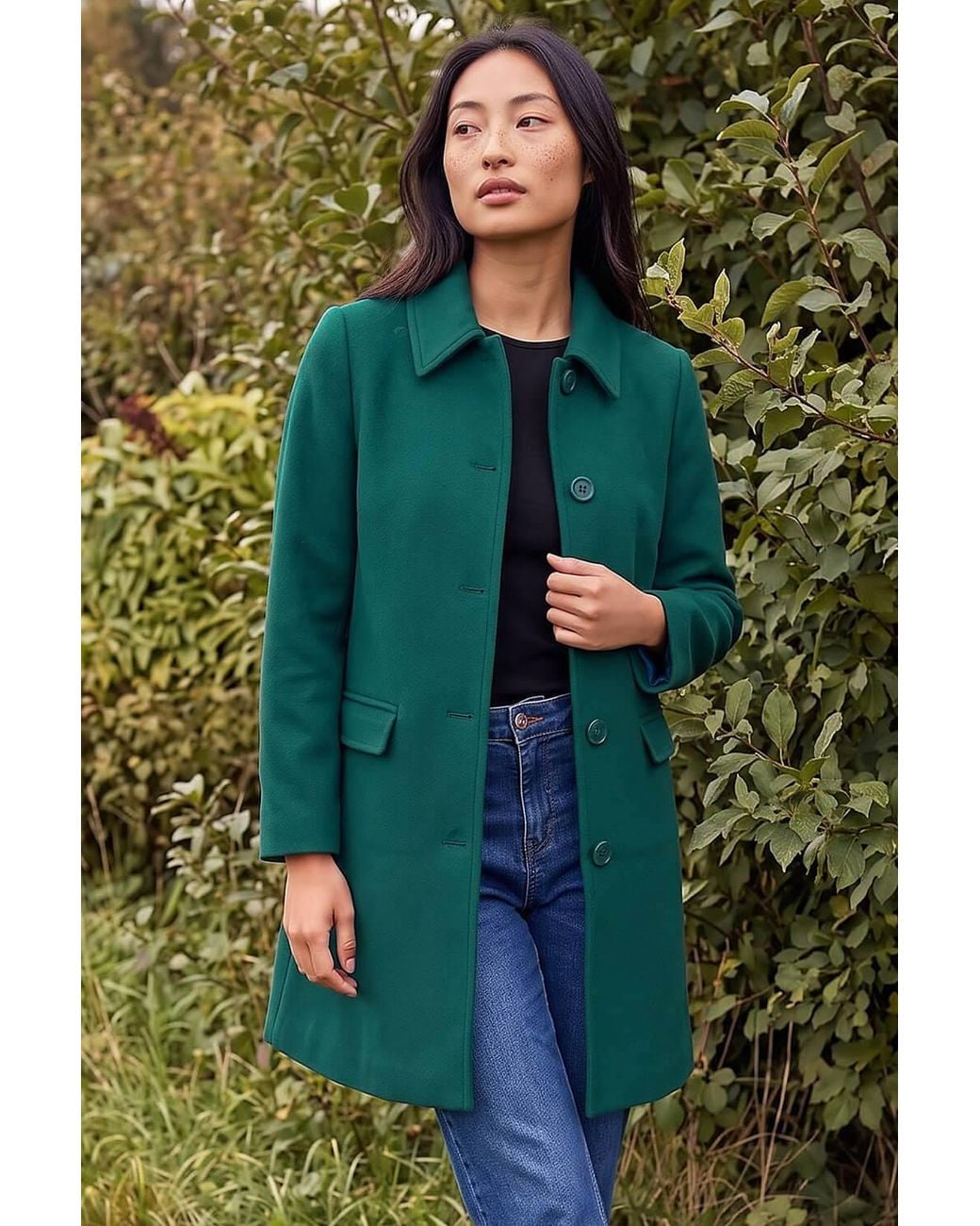 Roman Green Petite Collared Button Front Coat