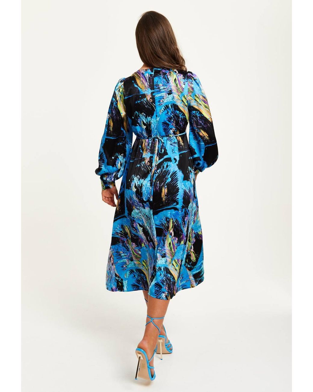 Liquorish Blue Multicolour Abstract Print Midi Dress W/ Long Sleeves & Tie Waist