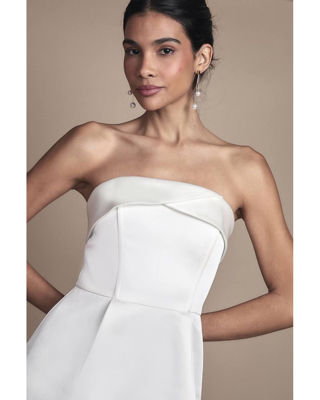 Coast White Strapless Satin Mini Wedding Dress With Hem Pearl Trim