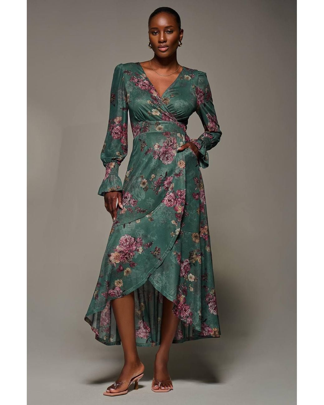 Jolie Moi Green Long Sleeve Frill Hem Mesh Maxi Dress