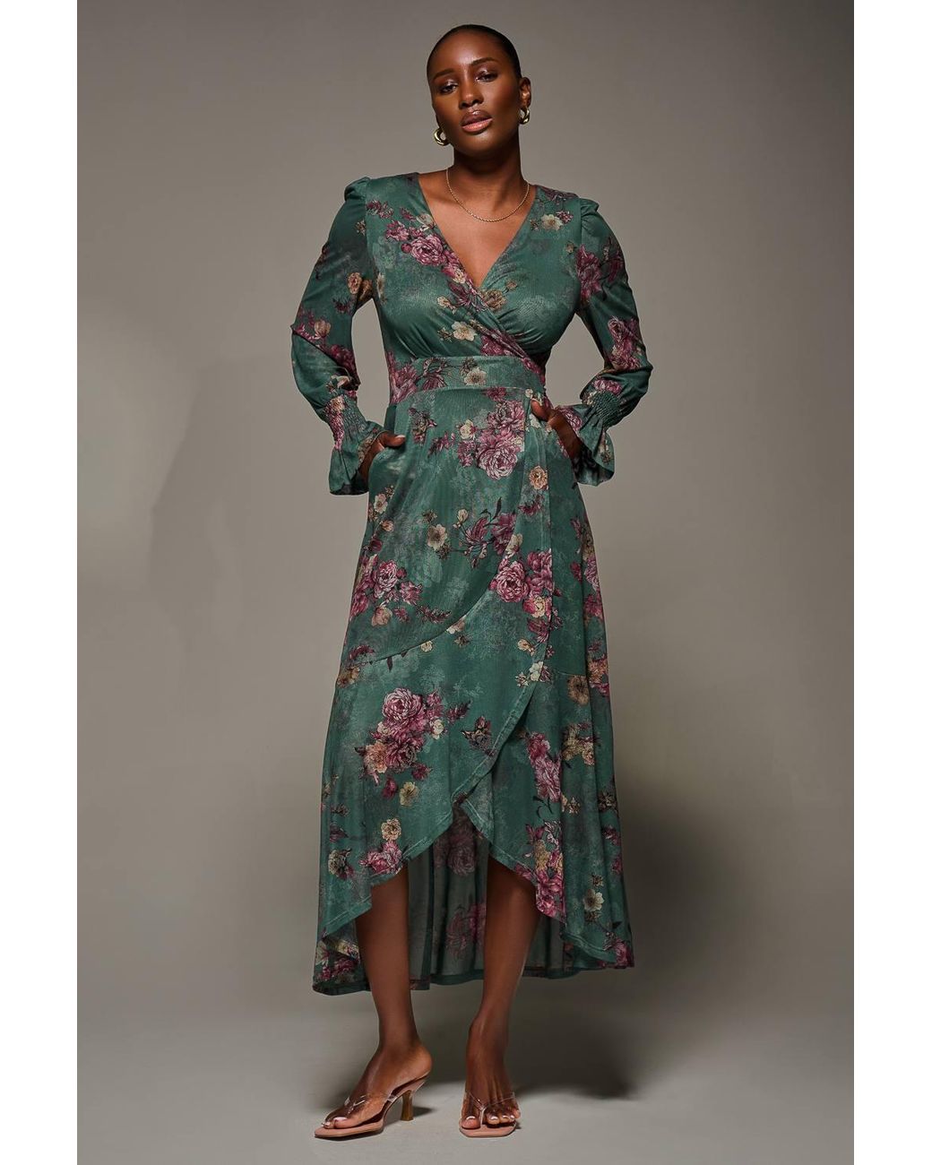 Jolie Moi Green Long Sleeve Frill Hem Mesh Maxi Dress