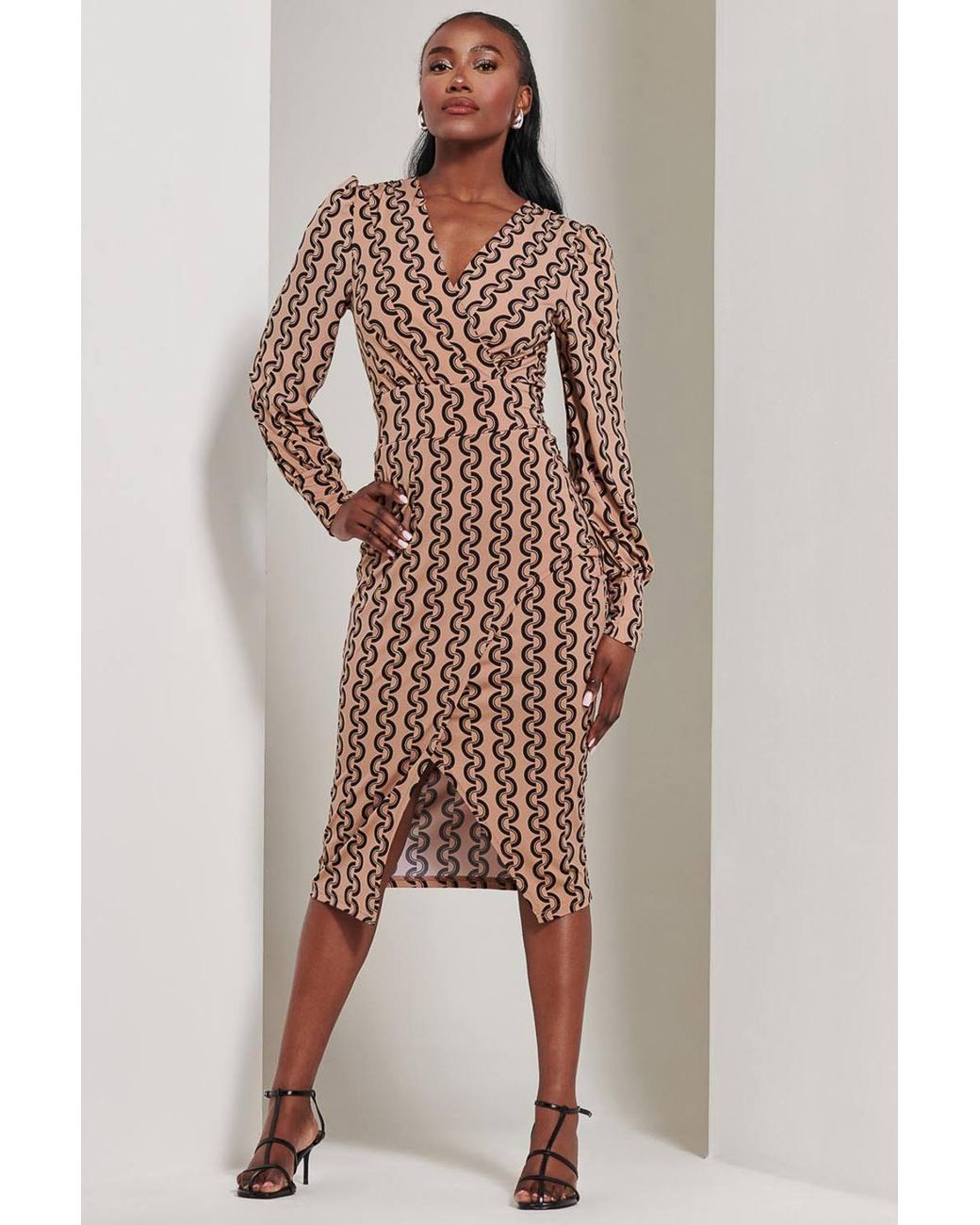 Jolie Moi Natural Print Long Sleeve Jersey Pencil Dress