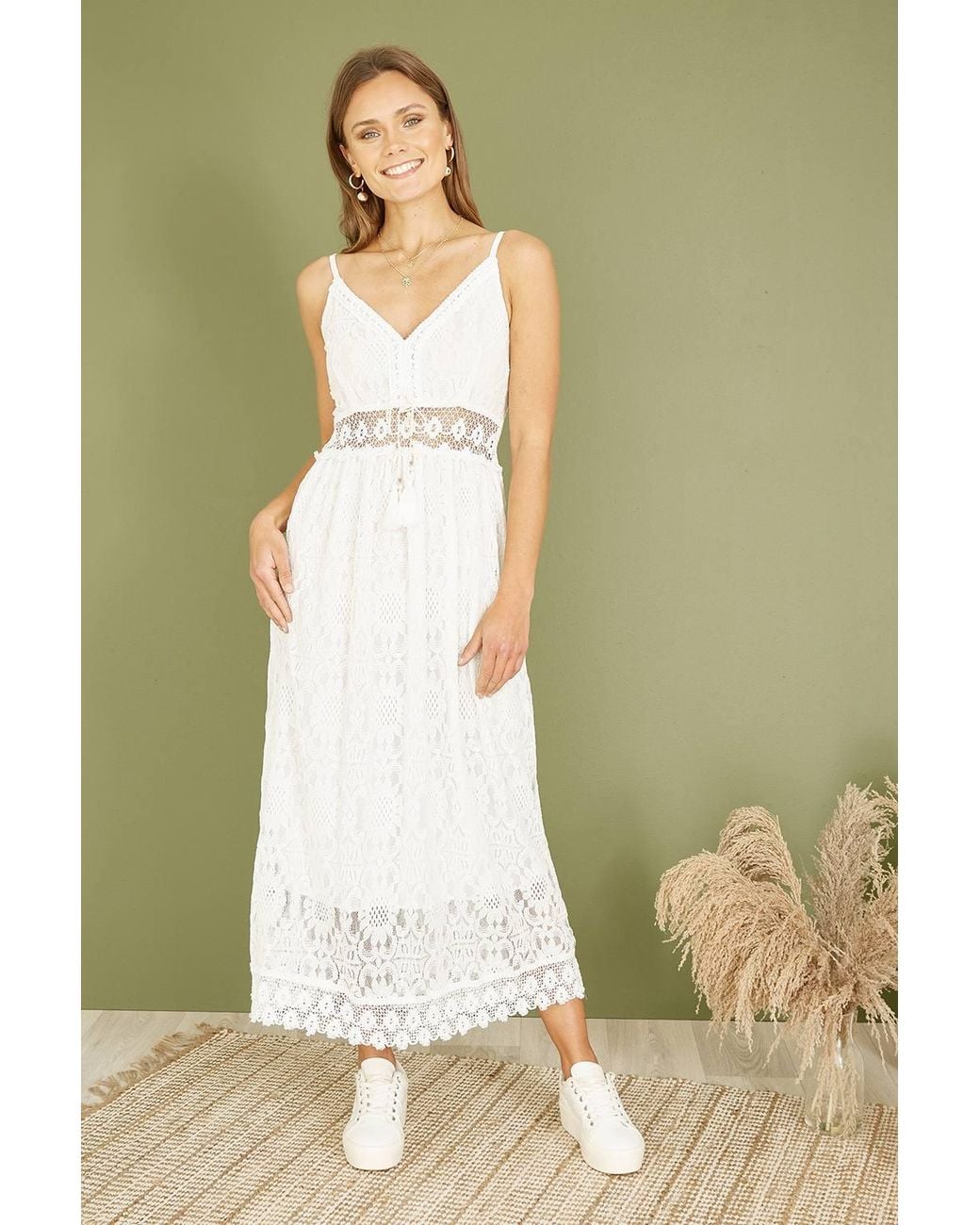 Yumi' Green Lace Midi Sundress W/ Tassel Tie & Ruched Back