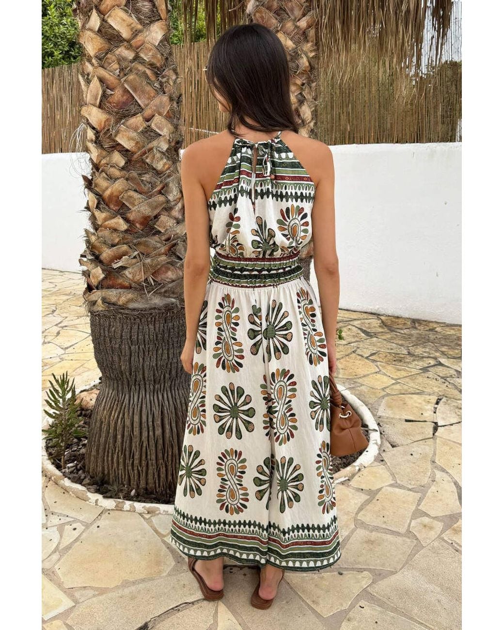 AX Paris Multicolor Multi Boho Print Tie Racer Neck Shirred Waist Midi Dress