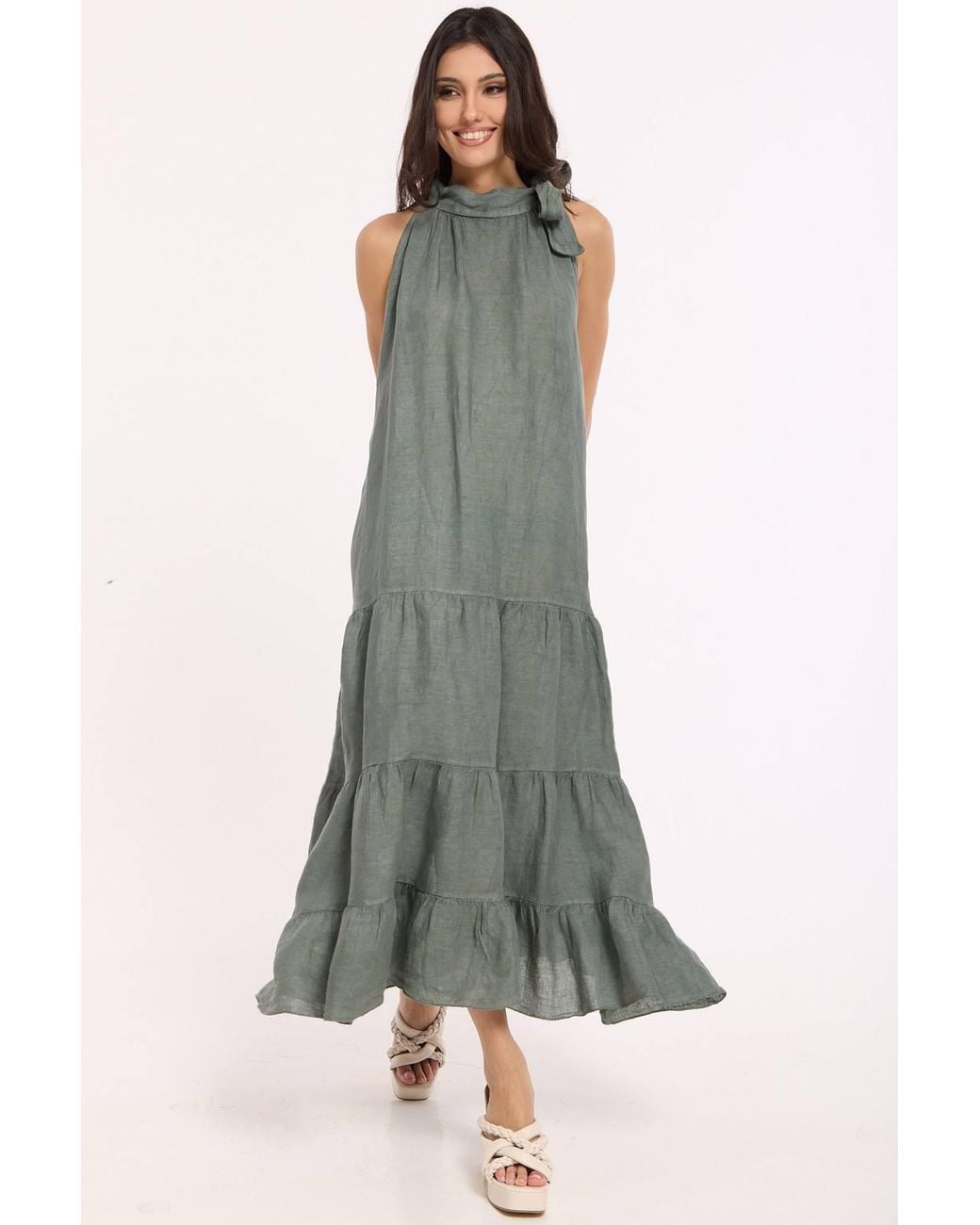 Liquorish Green Sage Linen Tie Neck Tiered Maxi Dress