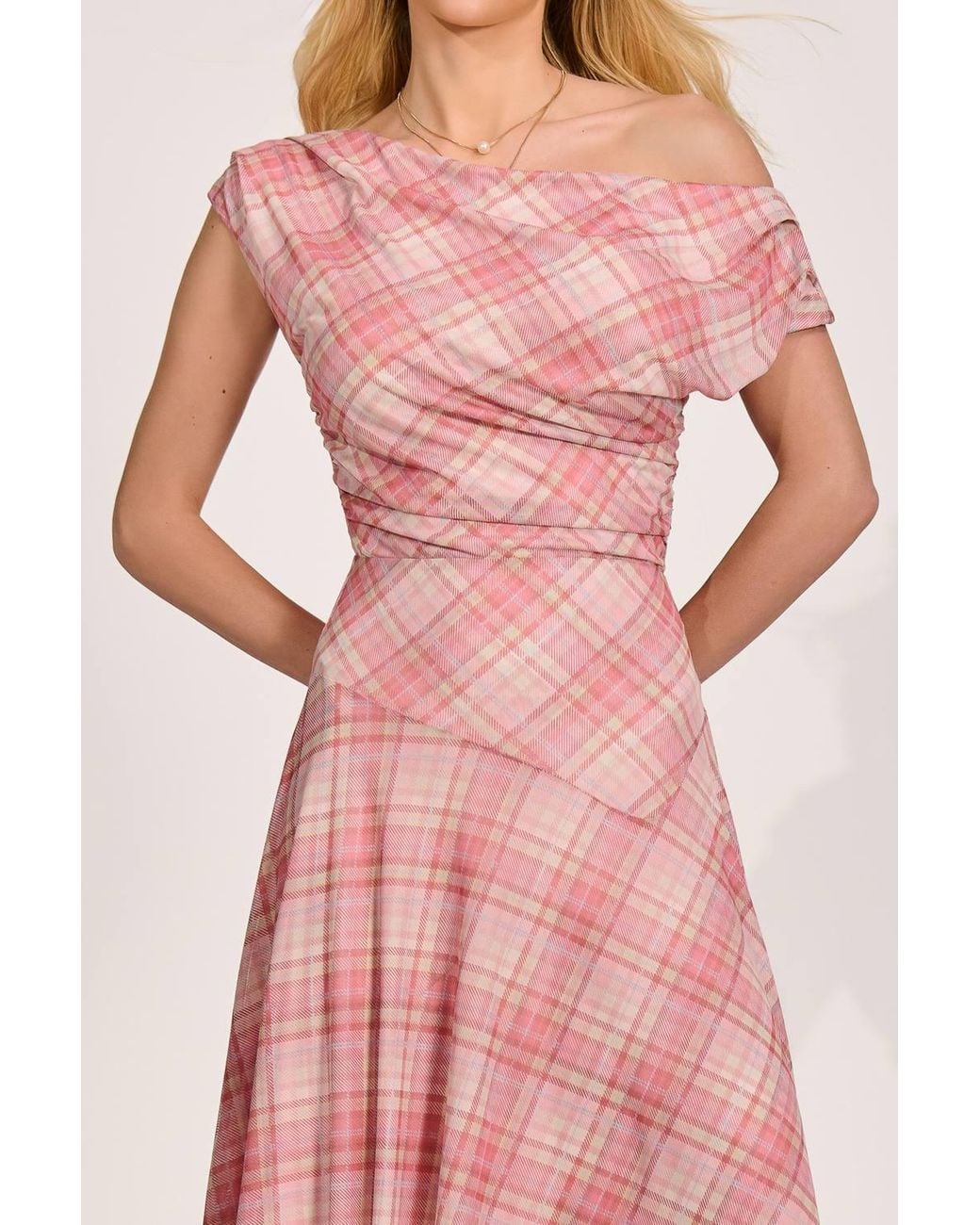 Jolie Moi Pink Asymmetric Draped Mesh Maxi Dress